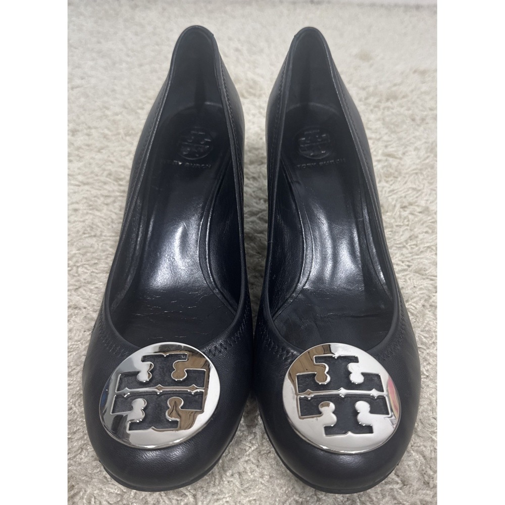 Tory Burch Sally Black Leather Wedge Pumps  Logo Medallion Womens 11M Career